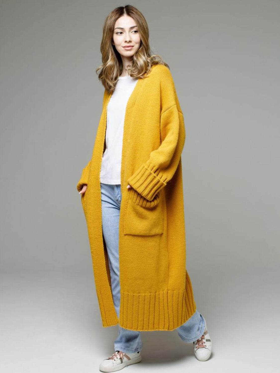 Pocketed Open Front Dropped Shoulder Cardigan - Delanoir