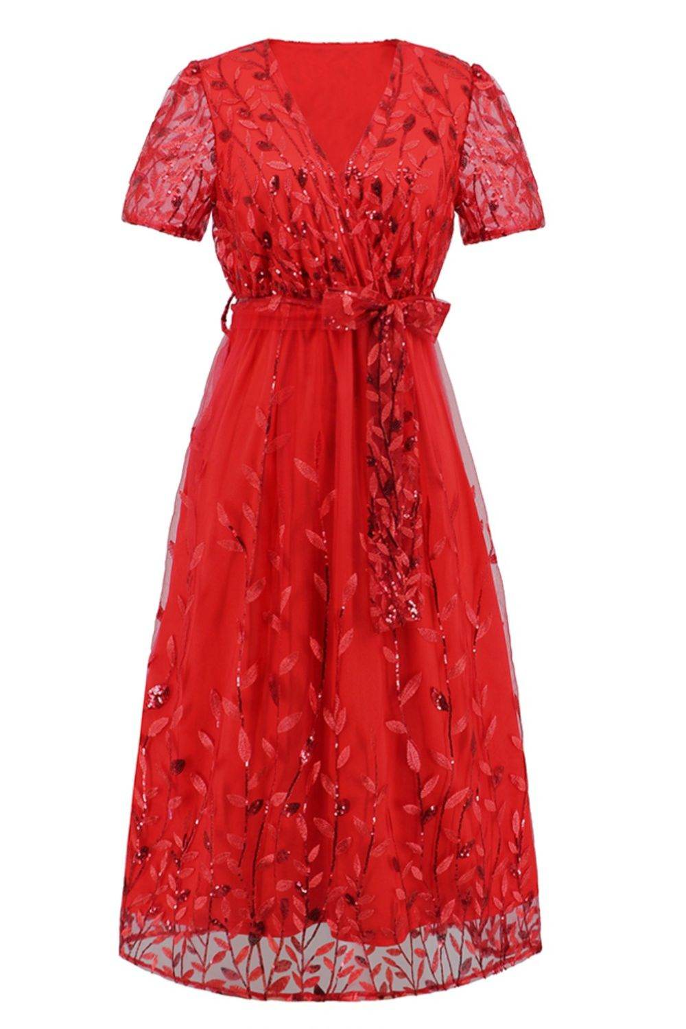 Sequin Leaf Embroidery Tie Front Short Sleeve Dress - Delanoir