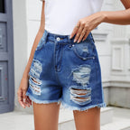 Distressed Raw Hem Denim Shorts - Delanoir