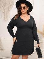 Plus Size Dropped Shoulder Long Sleeve Knit Mini Dress - Delanoir
