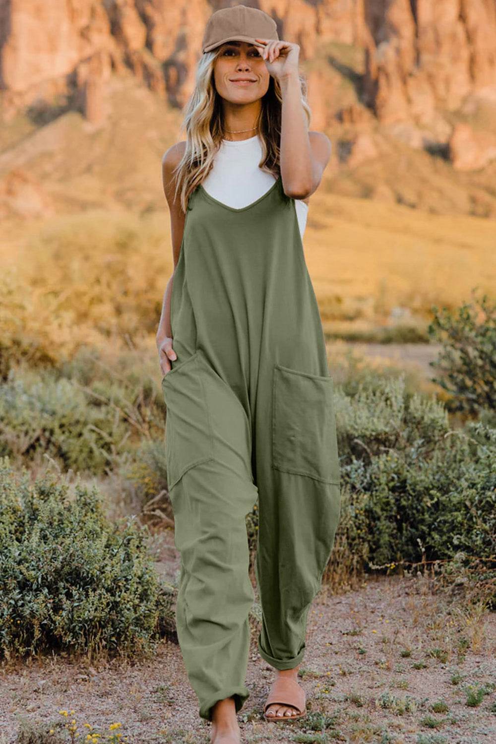 Double Take Full Size V-Neck Sleeveless Jumpsuit with Pockets - Delanoir