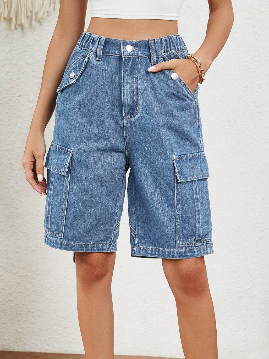 Buttoned Elastic Waist Denim Shorts with Pockets - Delanoir