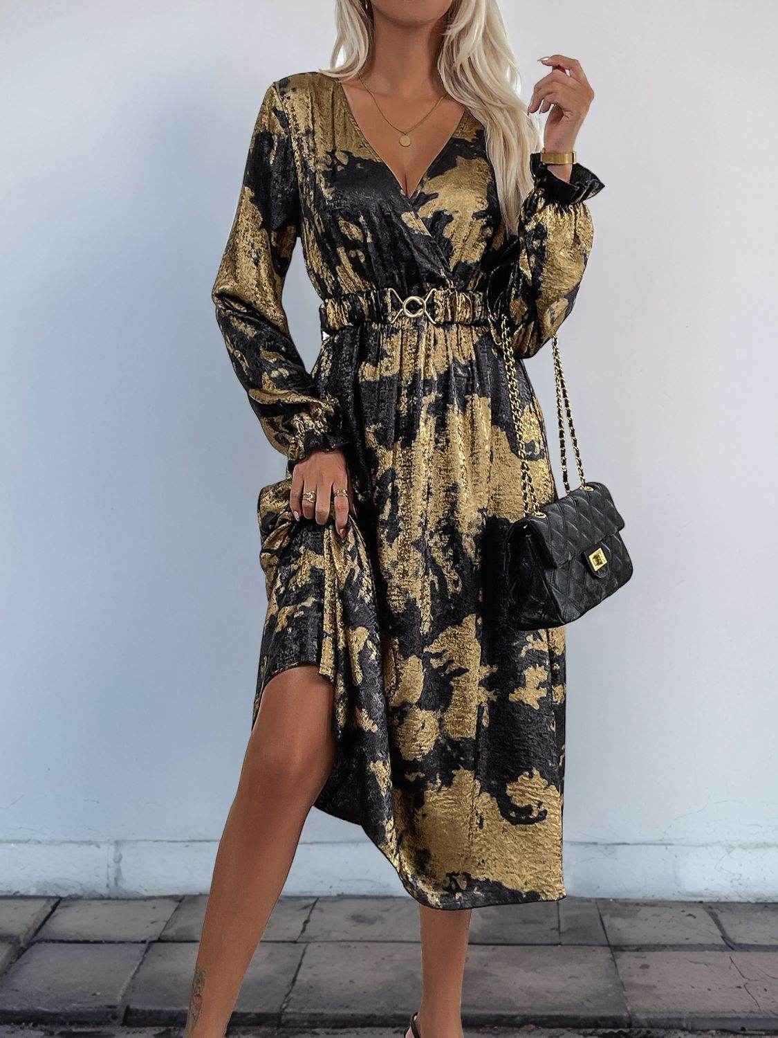 Perfee Printed Surplice Long Sleeve Midi Dress - Delanoir