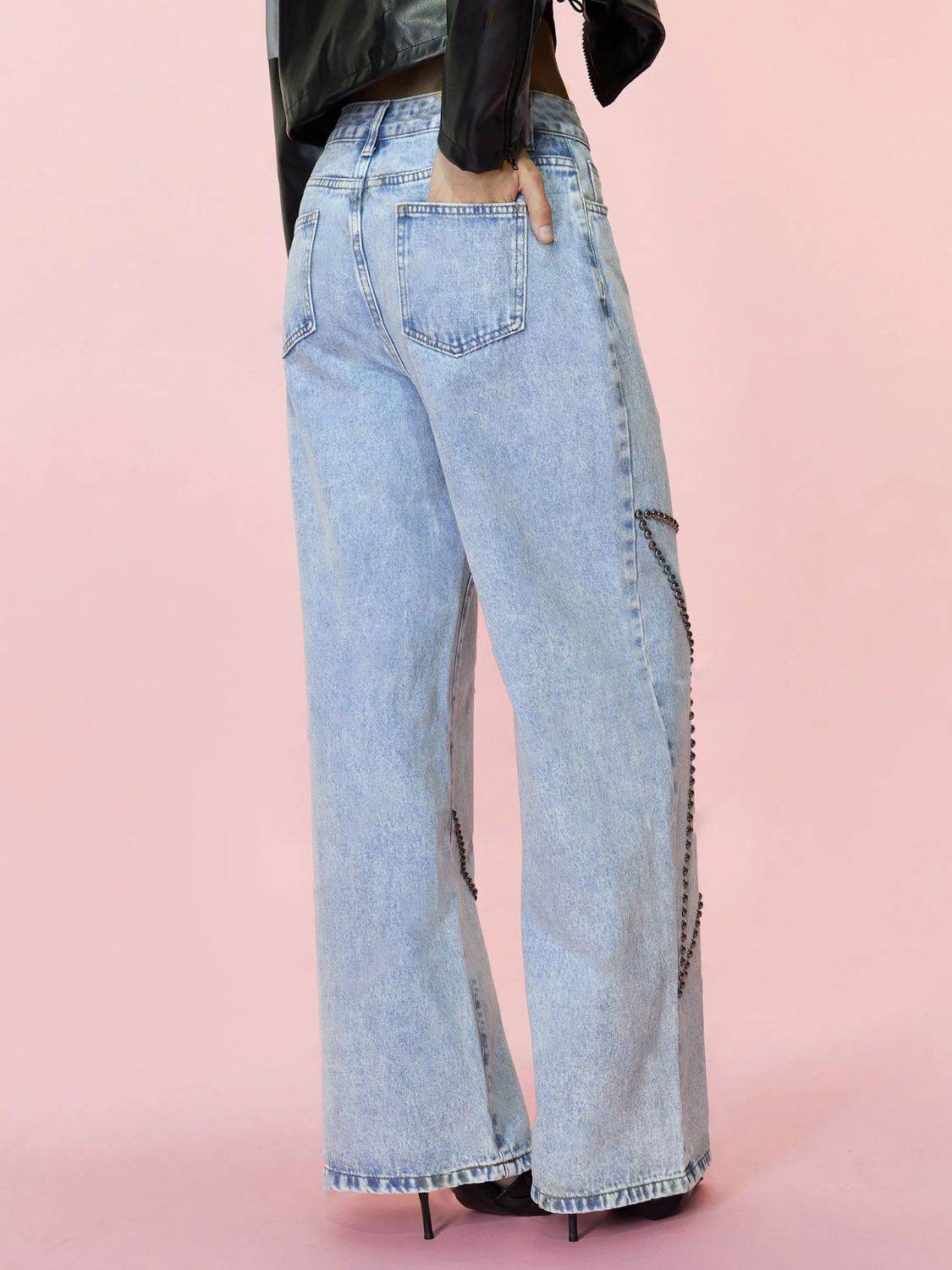 Studded Star Straight Jeans with Pockets - Delanoir