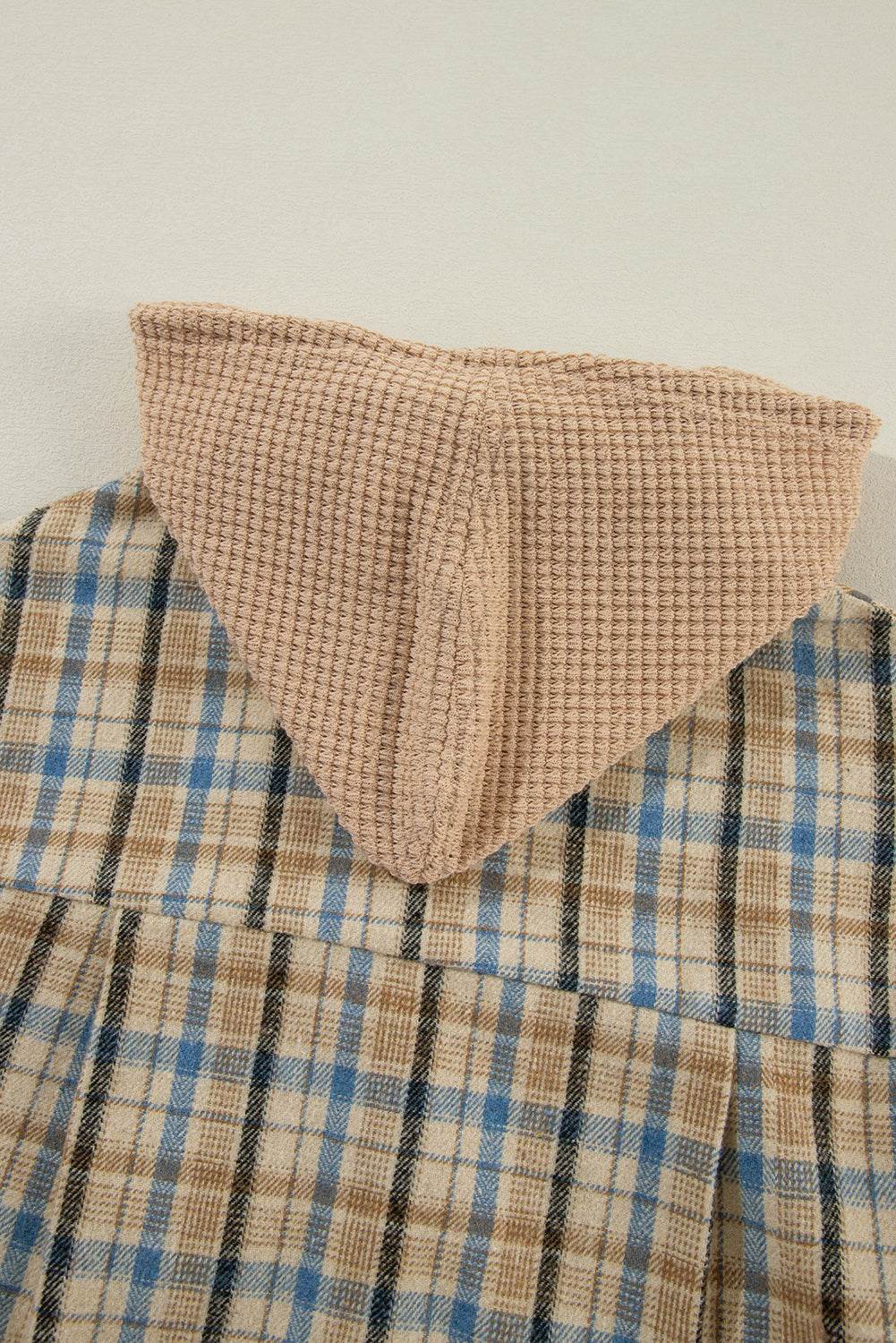 Drawstring Waffle Knit Patchwork Hooded Plaid Shacket - Delanoir