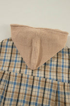 Drawstring Waffle Knit Patchwork Hooded Plaid Shacket - Delanoir