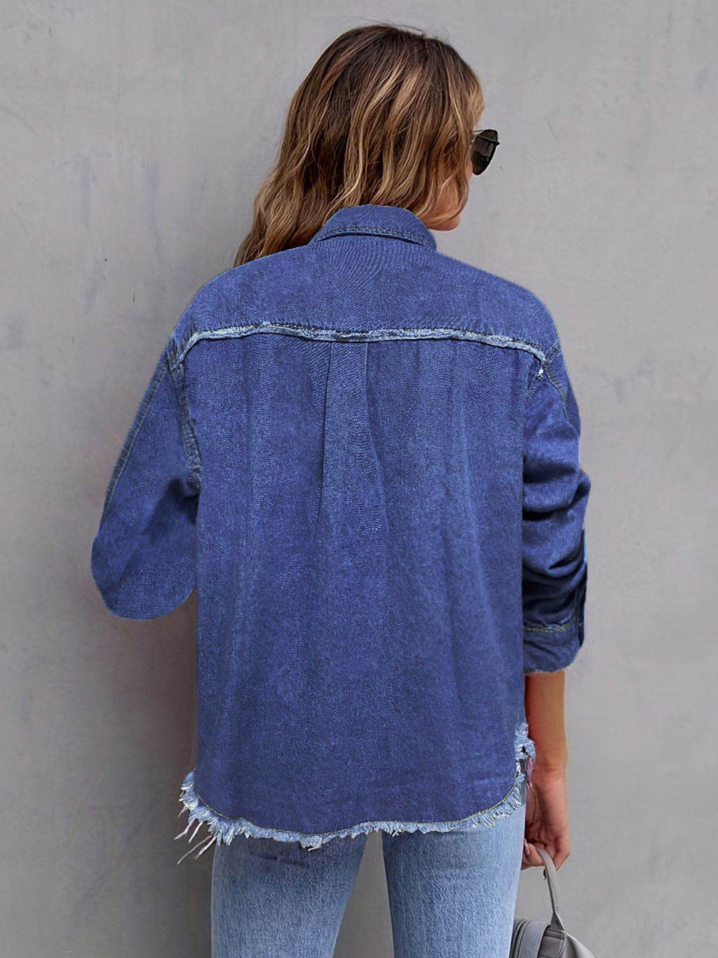 Pocketed Collared Neck Long Sleeve Denim Shirt - Delanoir