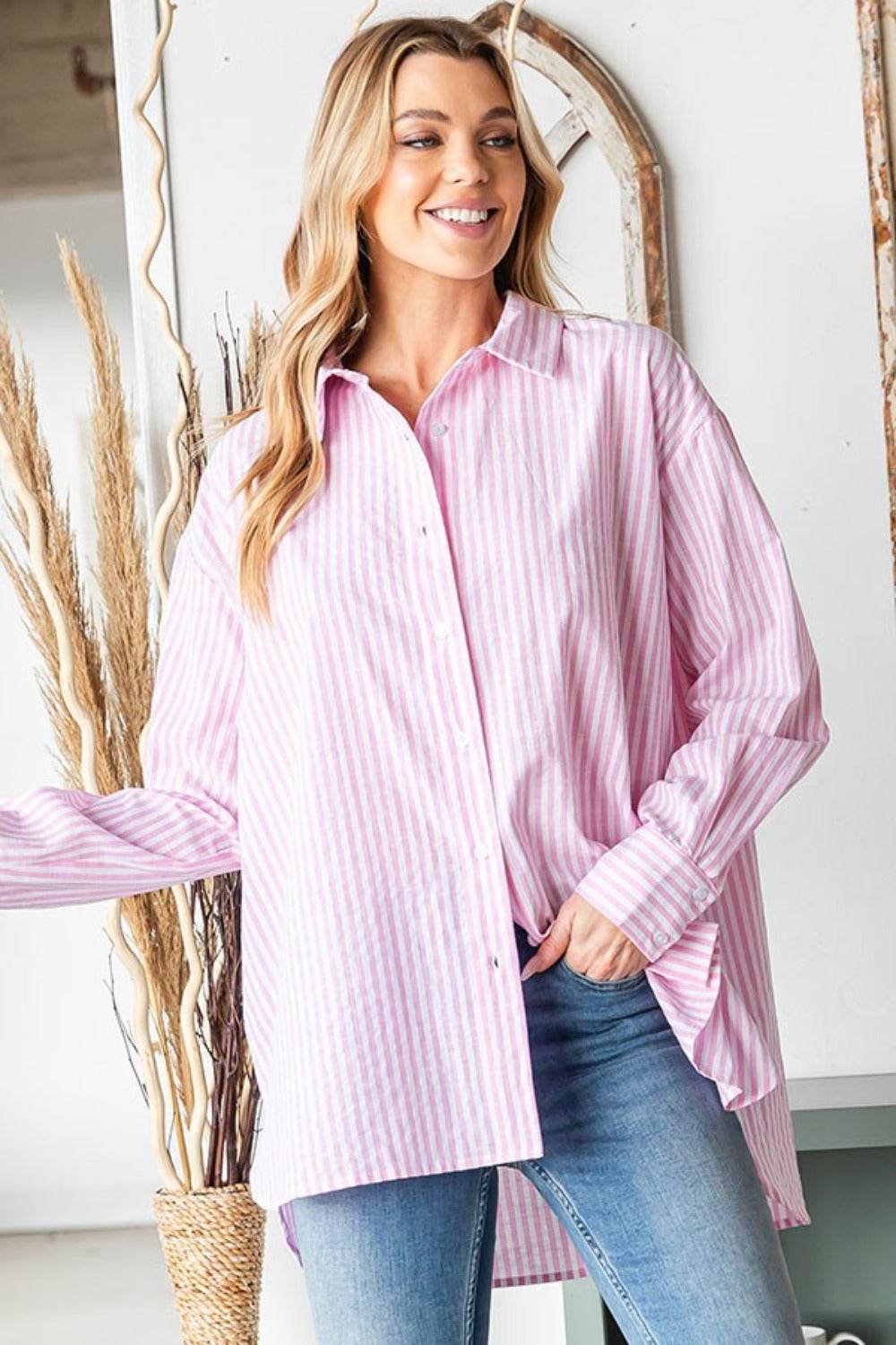 First Love Full Size Striped Button Down High-Low Hem Shirt - Delanoir