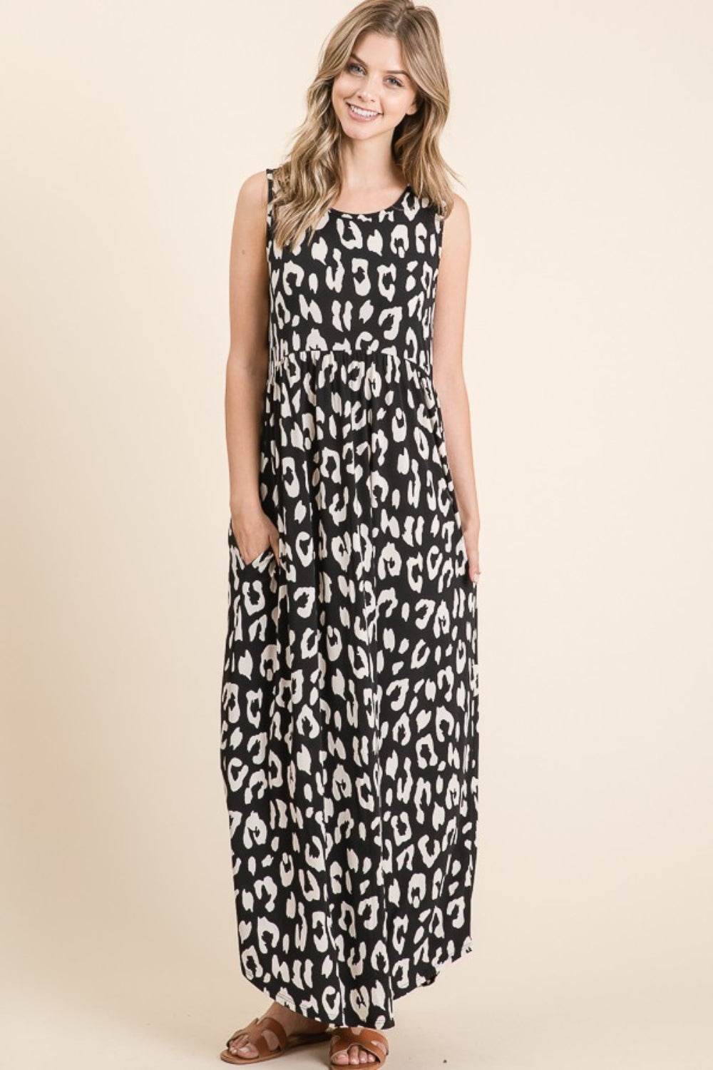 BOMBOM Leopard Maxi Dress with Pockets - Delanoir
