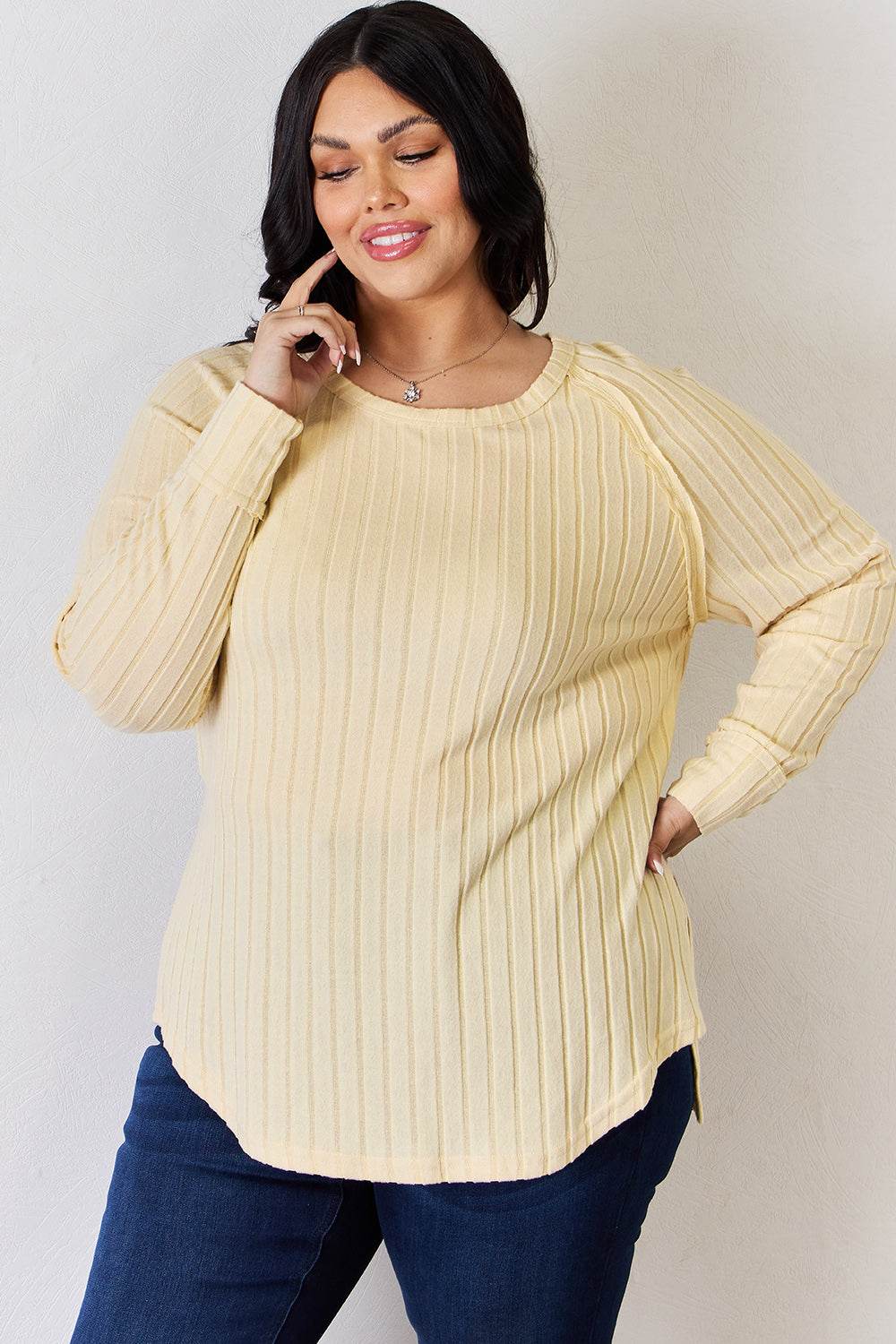 Basic Bae Full Size Ribbed Round Neck Slit T-Shirt - Delanoir