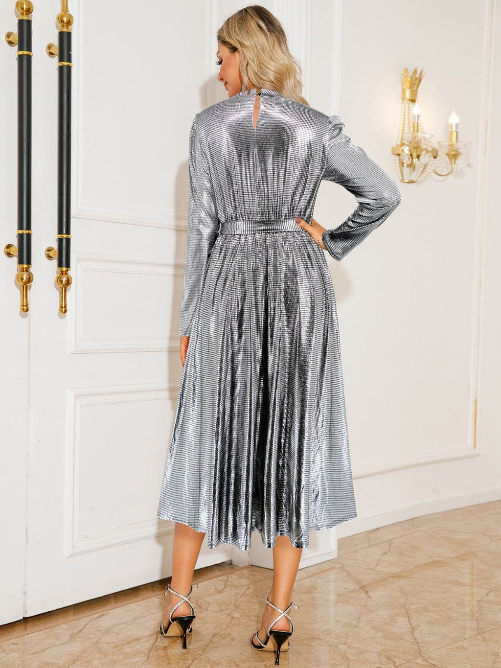 Tie Waist Long Sleeve Midi Dress - Delanoir