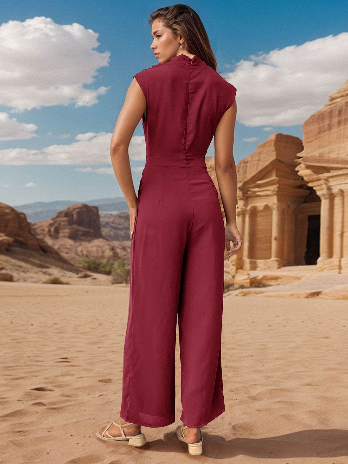 Perfee Ruched Mock Neck Sleeveless Jumpsuit - Delanoir