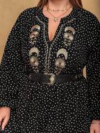 Plus Size Embroidered Polka Dot Notched Long Sleeve Dress - Delanoir
