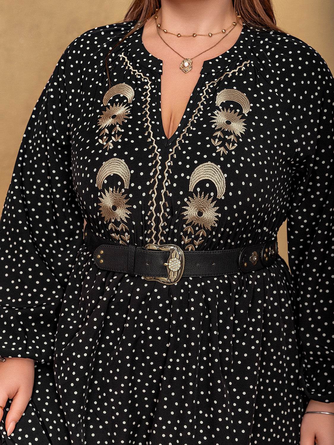 Plus Size Embroidered Polka Dot Notched Long Sleeve Dress - Delanoir