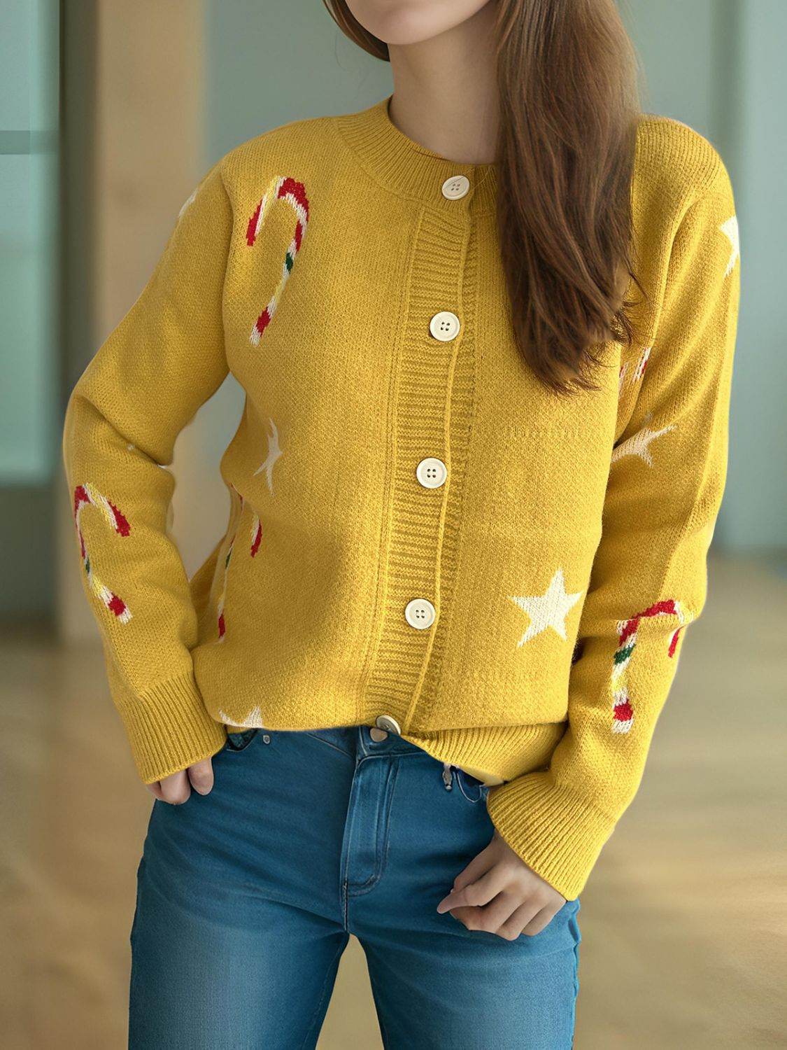 Candy Cane & Star Button Down Long Sleeve Cardigan - Delanoir