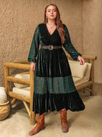 Plus Size Lace Patchwork V-Neck Balloon Sleeve Midi Dress - Delanoir