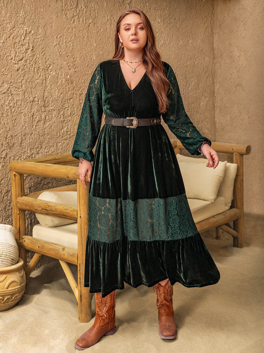 Plus Size Lace Patchwork V-Neck Balloon Sleeve Midi Dress - Delanoir