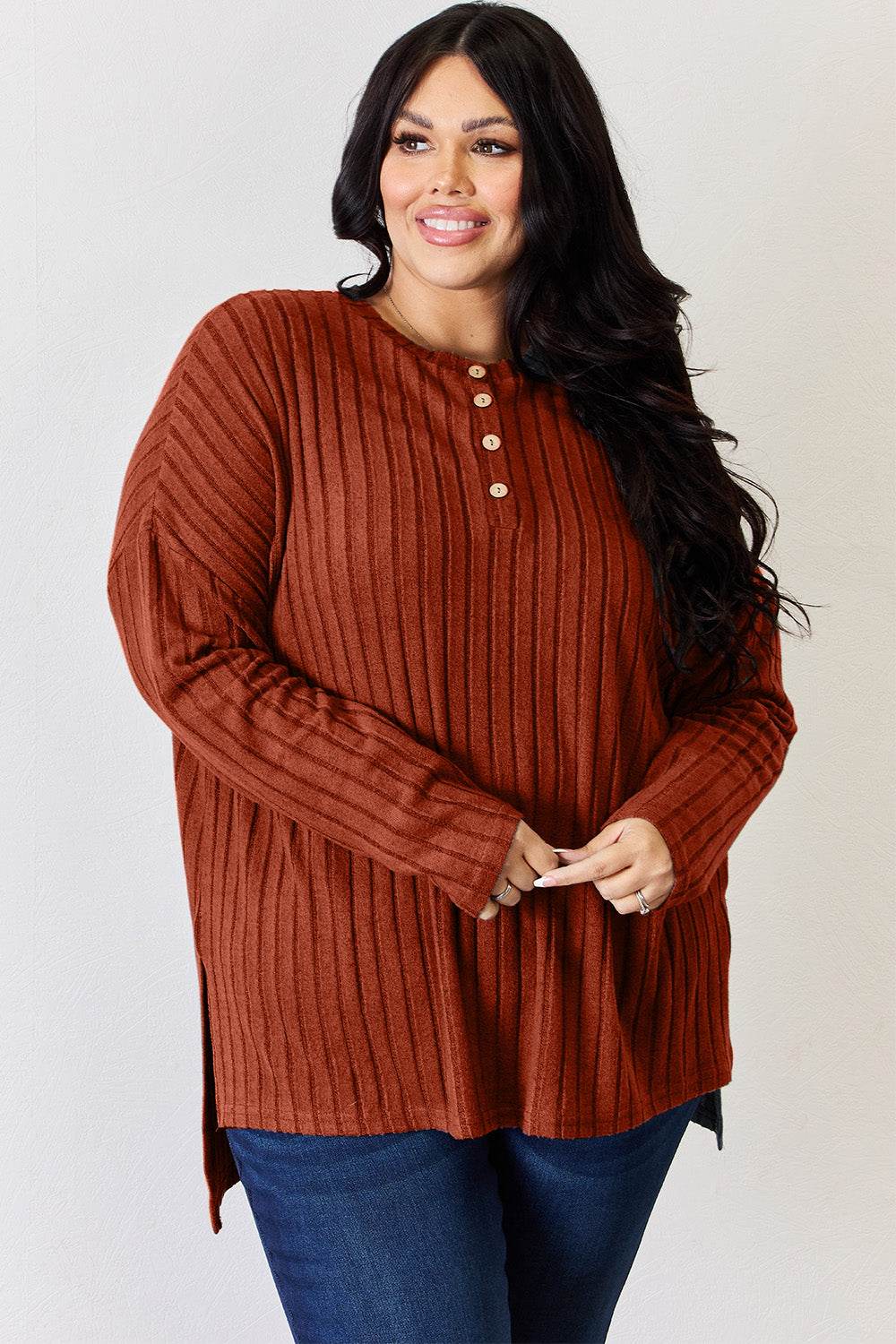 Basic Bae Full Size Ribbed Half Button Long Sleeve High-Low T-Shirt - Delanoir