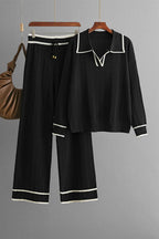 Contrast Trim Johnny Collar Top and Drawstring Pants Sweater Set - Delanoir