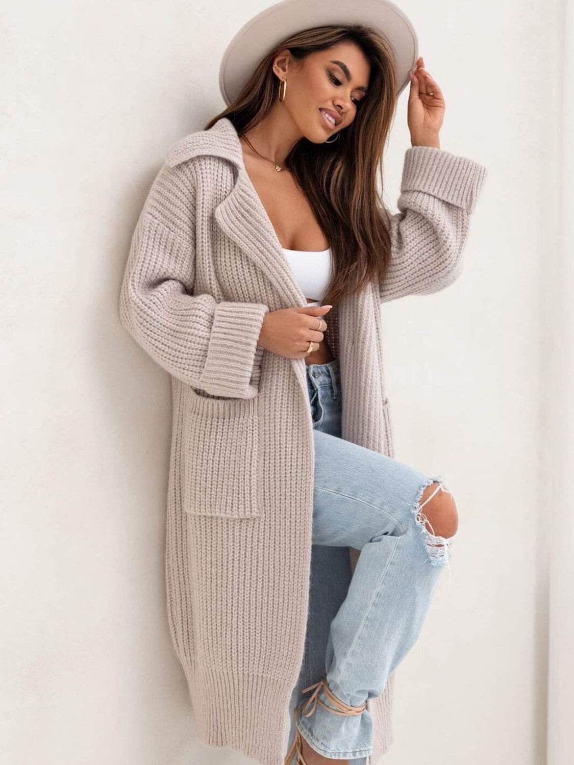Pocketed Collared Neck Dropped Shoulder Cardigan - Delanoir