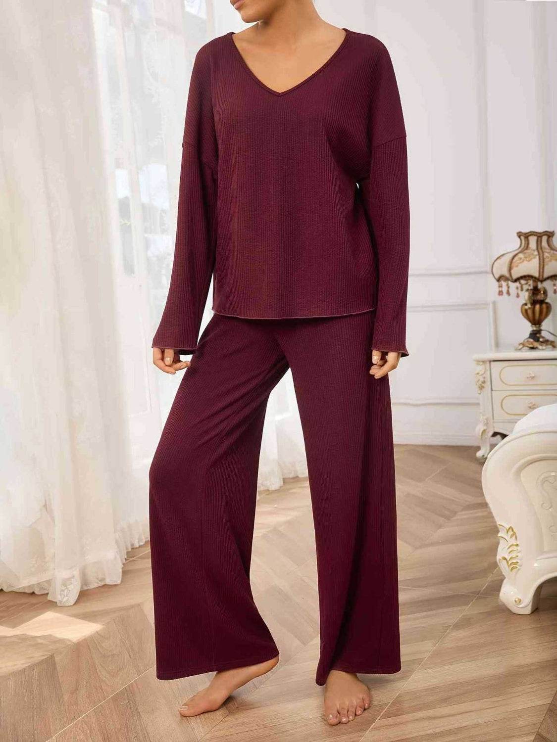 V-Neck Long Sleeve Top and Wide Leg Pants Set - Delanoir