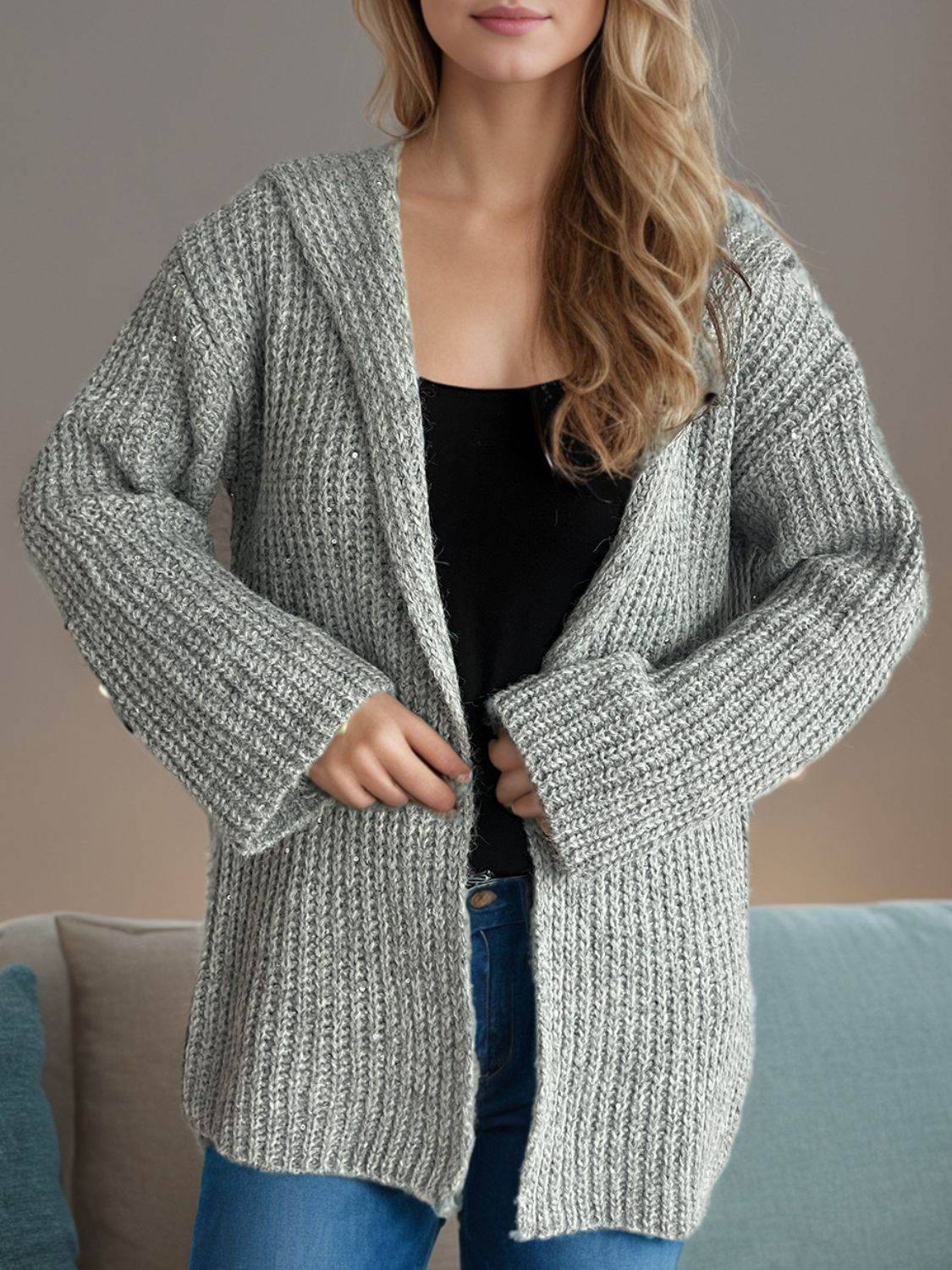 Sequin Detail Long Sleeve Hooded Cardigan - Delanoir
