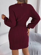 Cable-Knit Cutout Round Neck Slit Sweater Dress - Delanoir