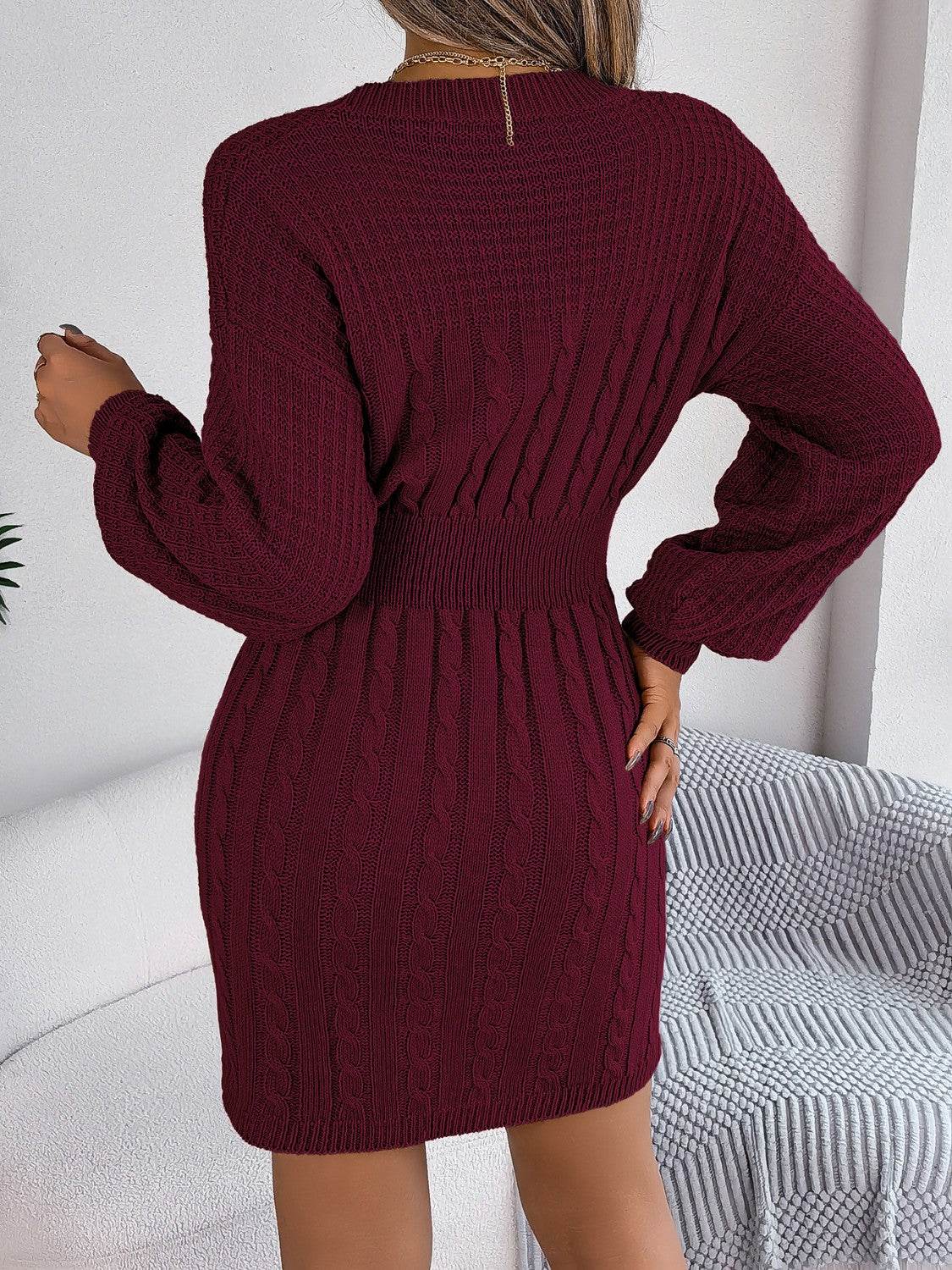 Cable-Knit Cutout Round Neck Slit Sweater Dress - Delanoir