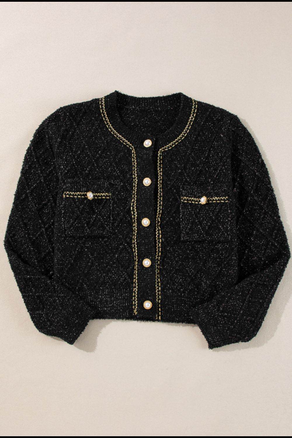 Round Neck Button Up Long Sleeve Cardigan - Delanoir