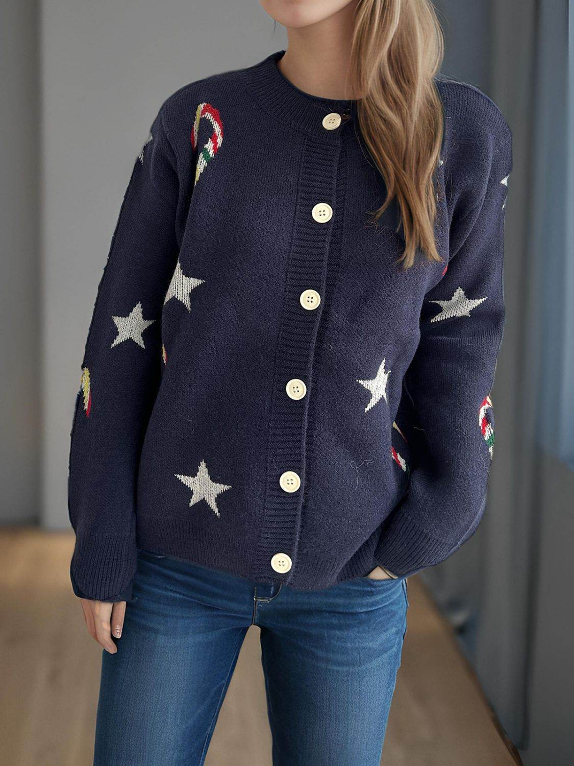 Candy Cane & Star Button Down Long Sleeve Cardigan - Delanoir