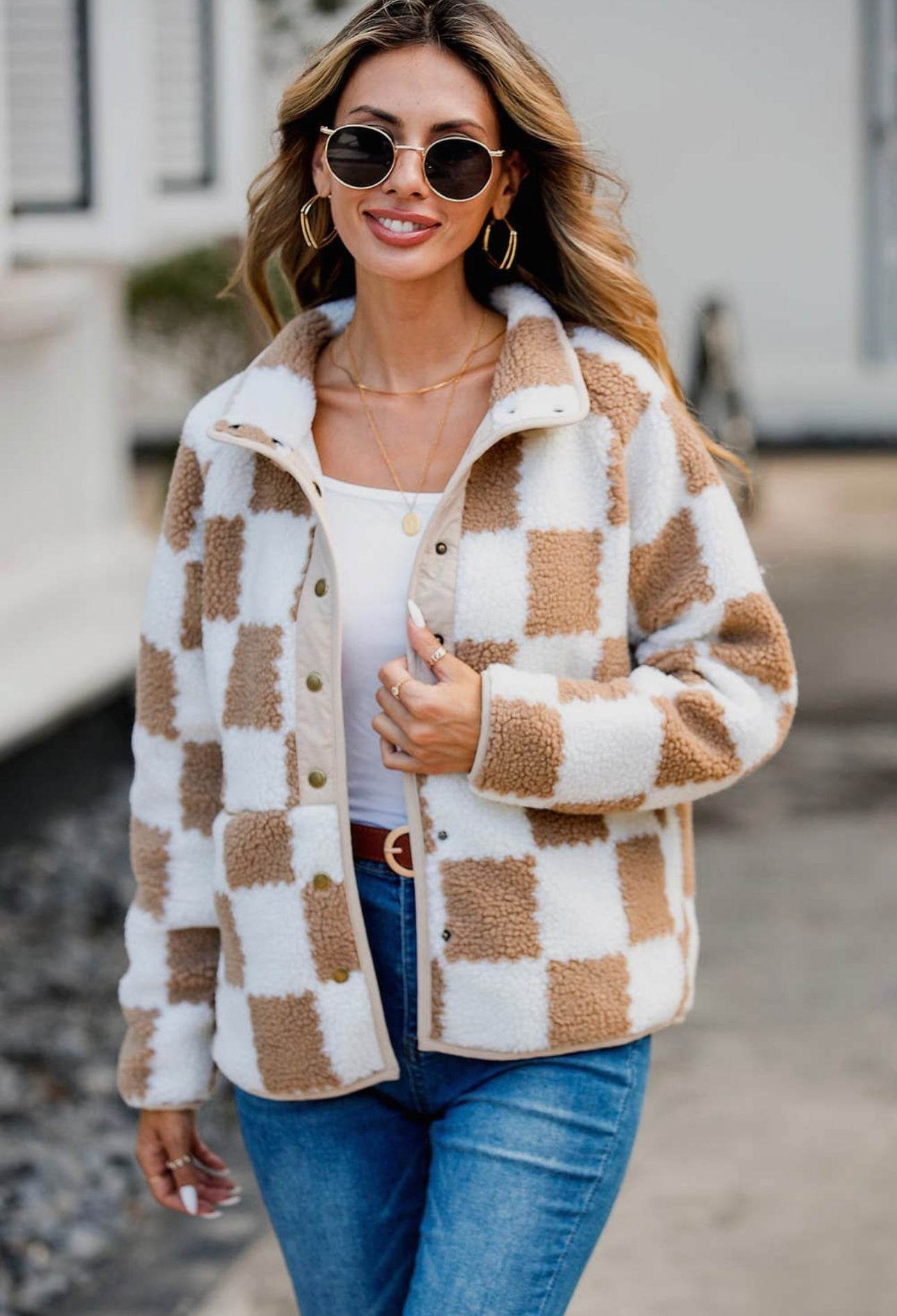 Checkered Snap Down Long Sleeve Teddy Jacket - Delanoir