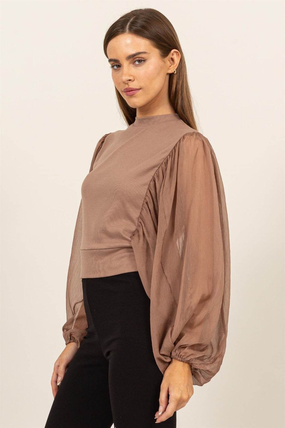 HYFVE Ruched Sheer Long Sleeve Mock Neck Blouse - Delanoir
