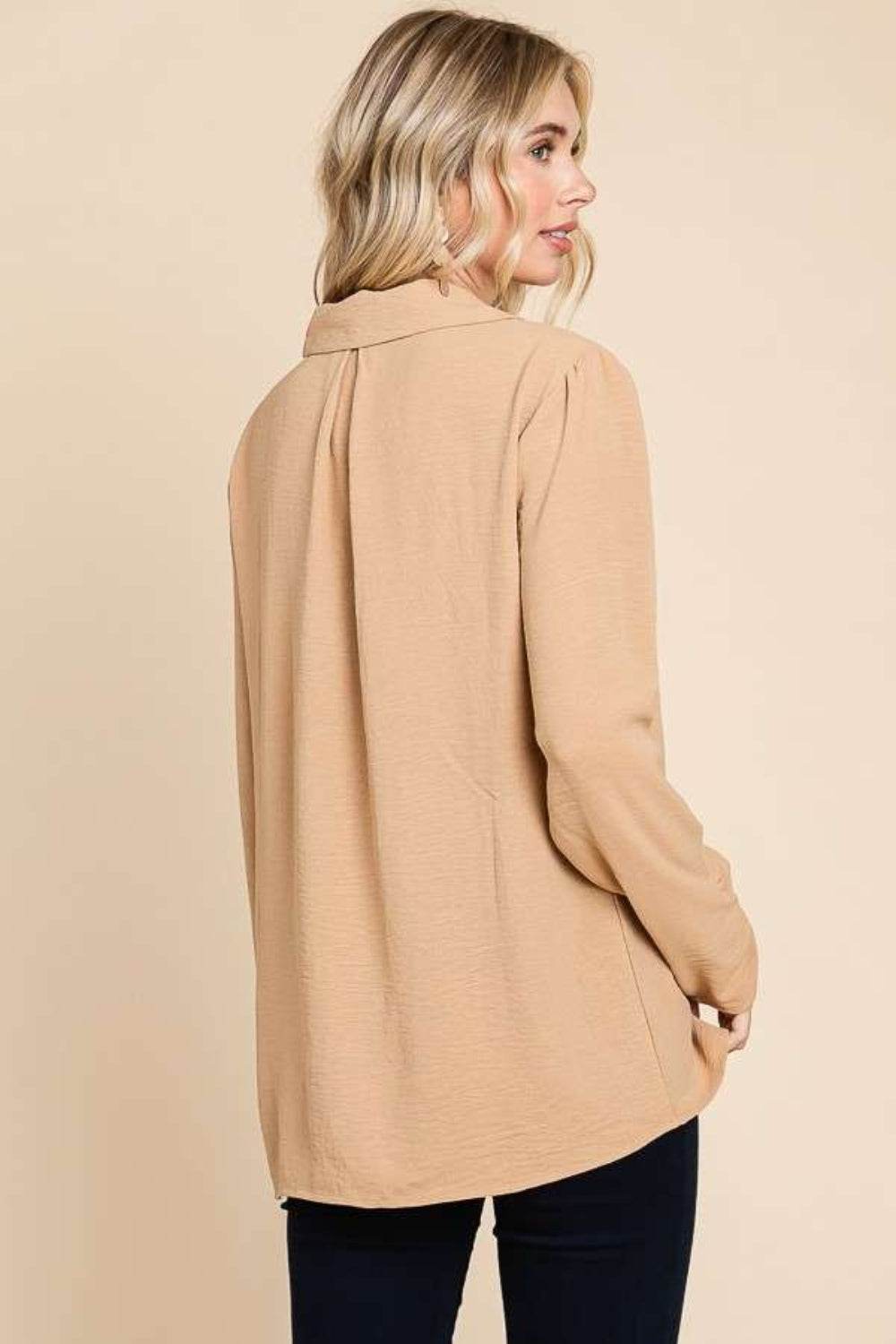 Culture Code Full Size Lapel Collar Ruched Long Sleeve Blouse - Delanoir