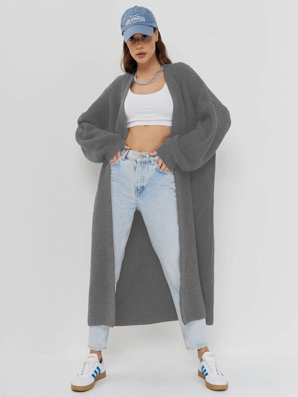 Open Front Long Sleeve Longline Cardigan - Delanoir