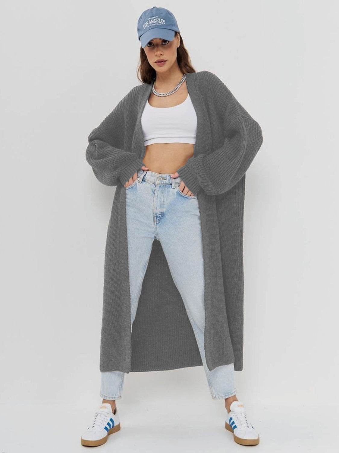 Open Front Long Sleeve Longline Cardigan - Delanoir