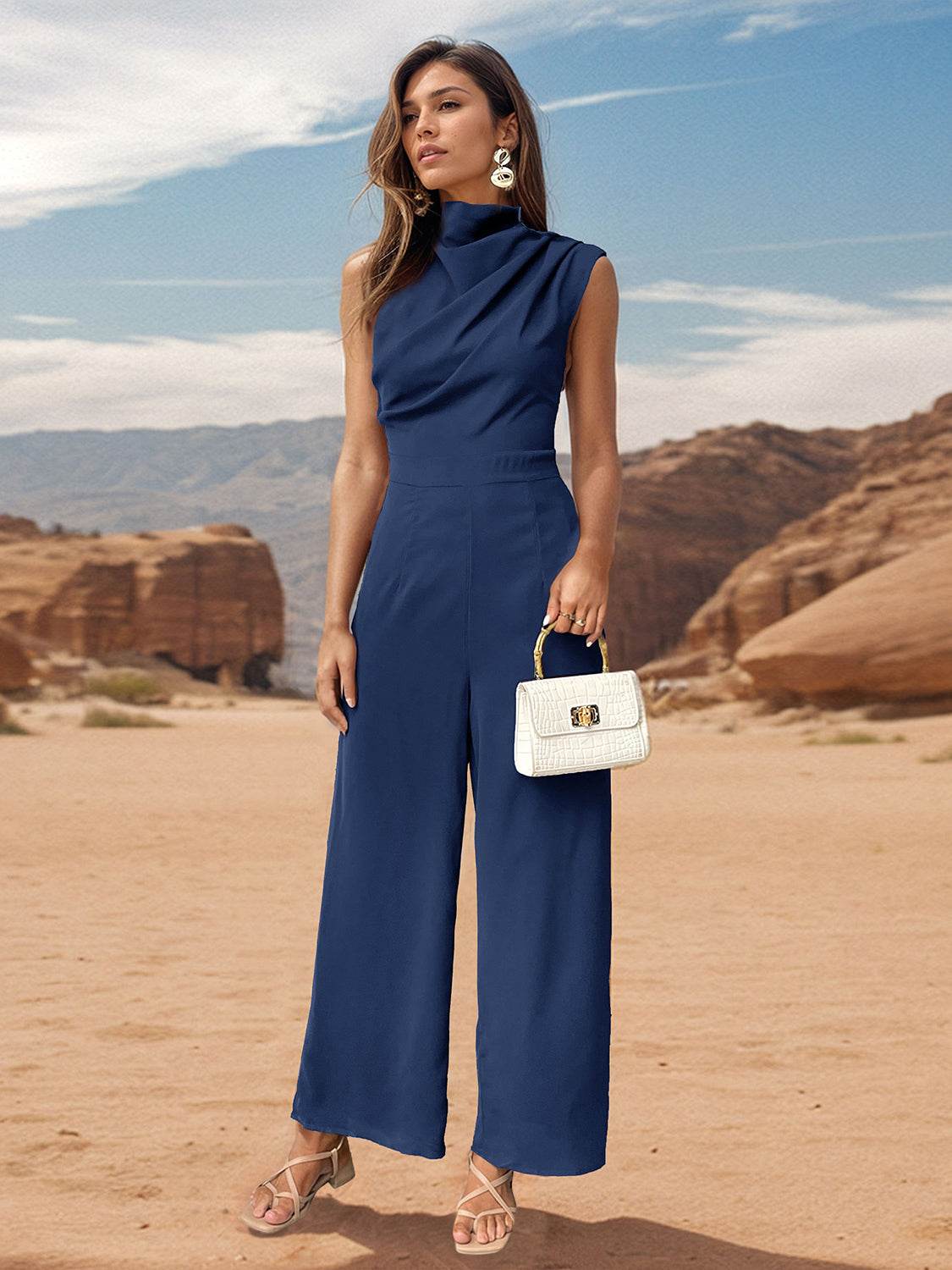 Perfee Ruched Mock Neck Sleeveless Jumpsuit - Delanoir