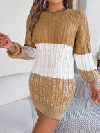 Cable-Knit Round Neck Color Block Sweater Dress - Delanoir