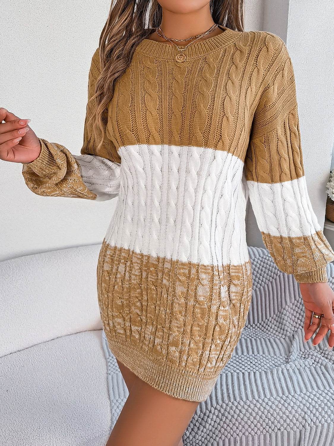 Cable-Knit Round Neck Color Block Sweater Dress - Delanoir
