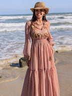 Embroidered Polka Dot Tie Neck Long Sleeve Midi Dress - Delanoir