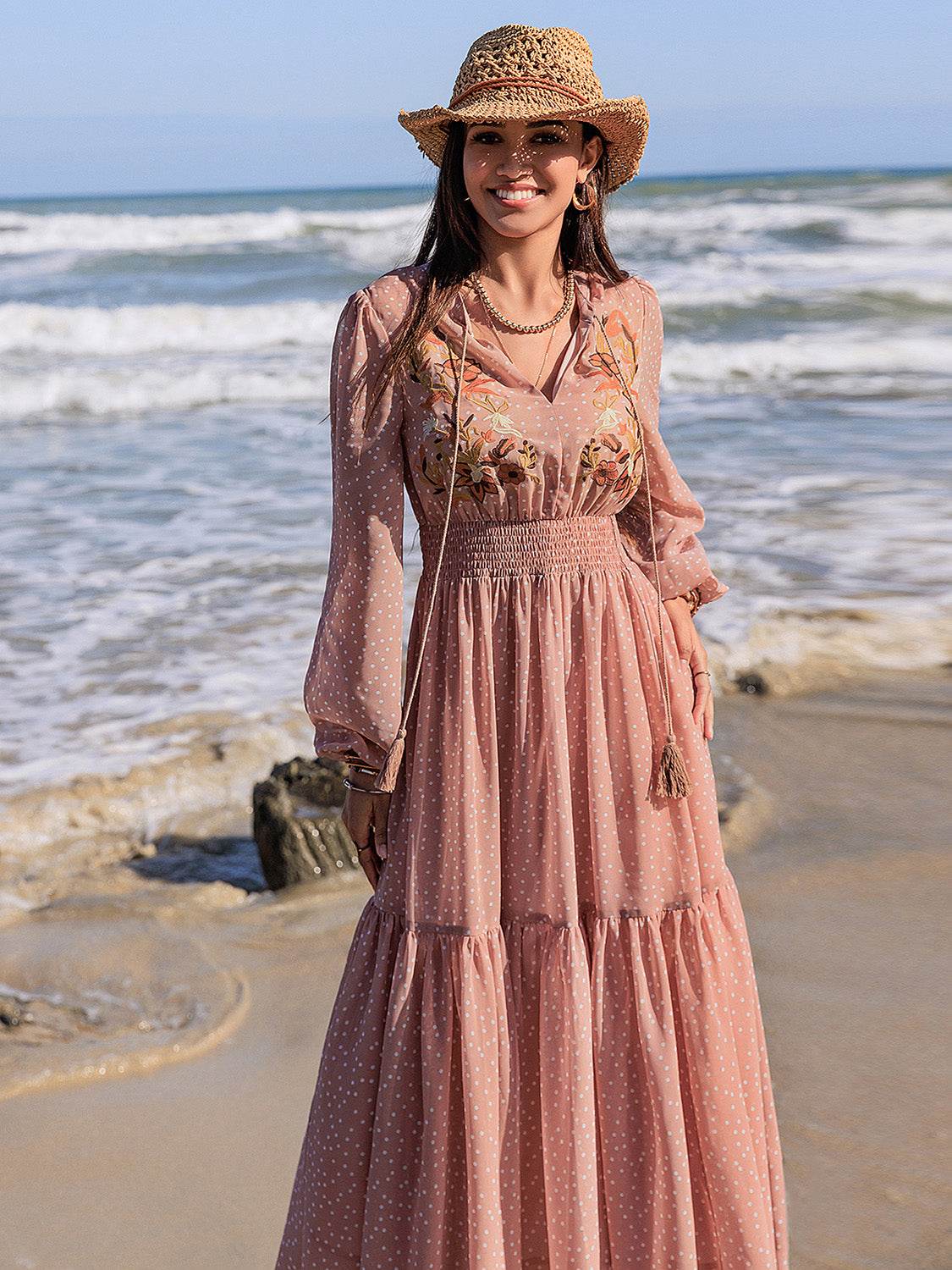 Embroidered Polka Dot Tie Neck Long Sleeve Midi Dress - Delanoir