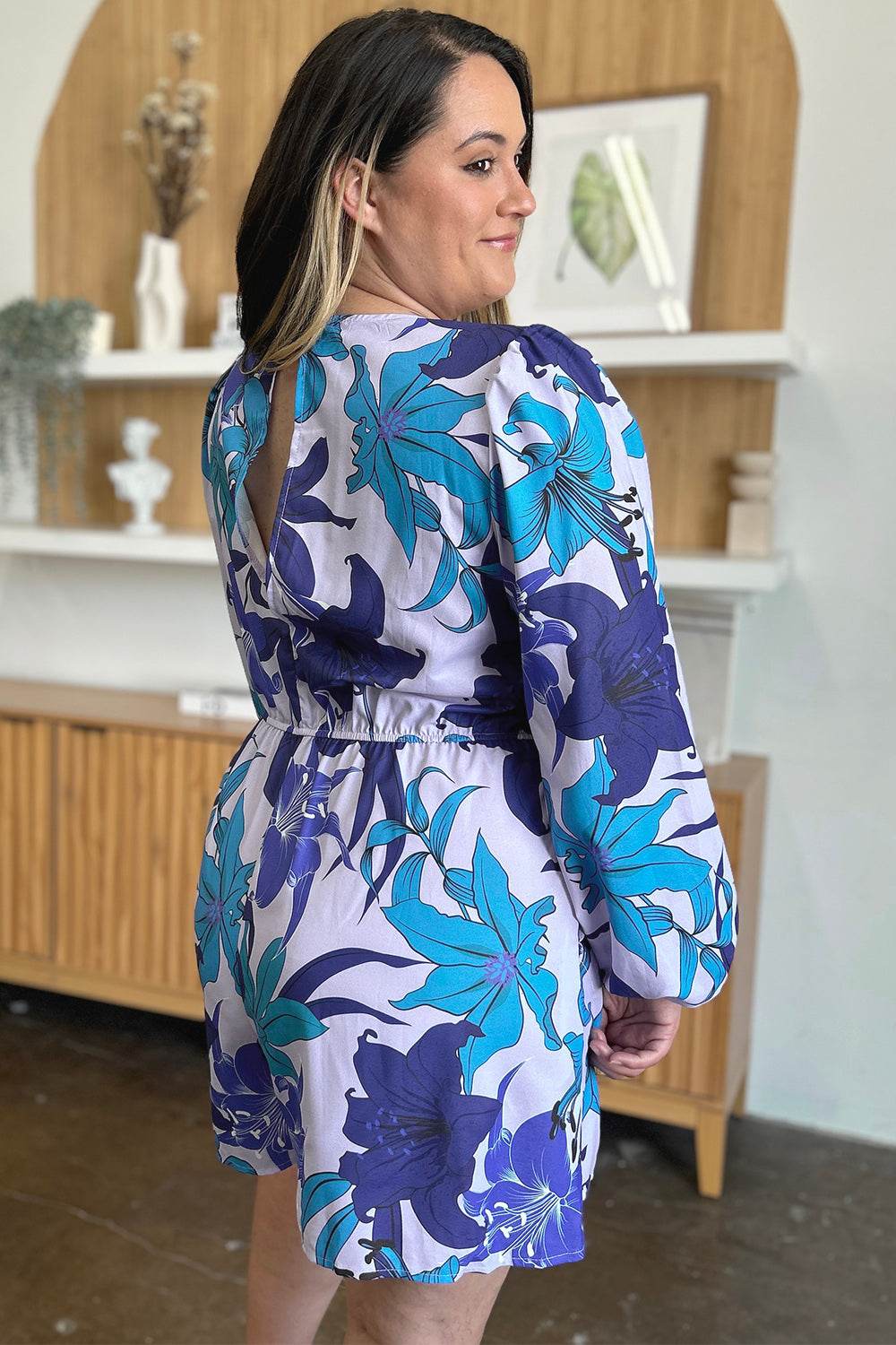 Double Take Full Size Floral Long Sleeve Romper with Pockets - Delanoir