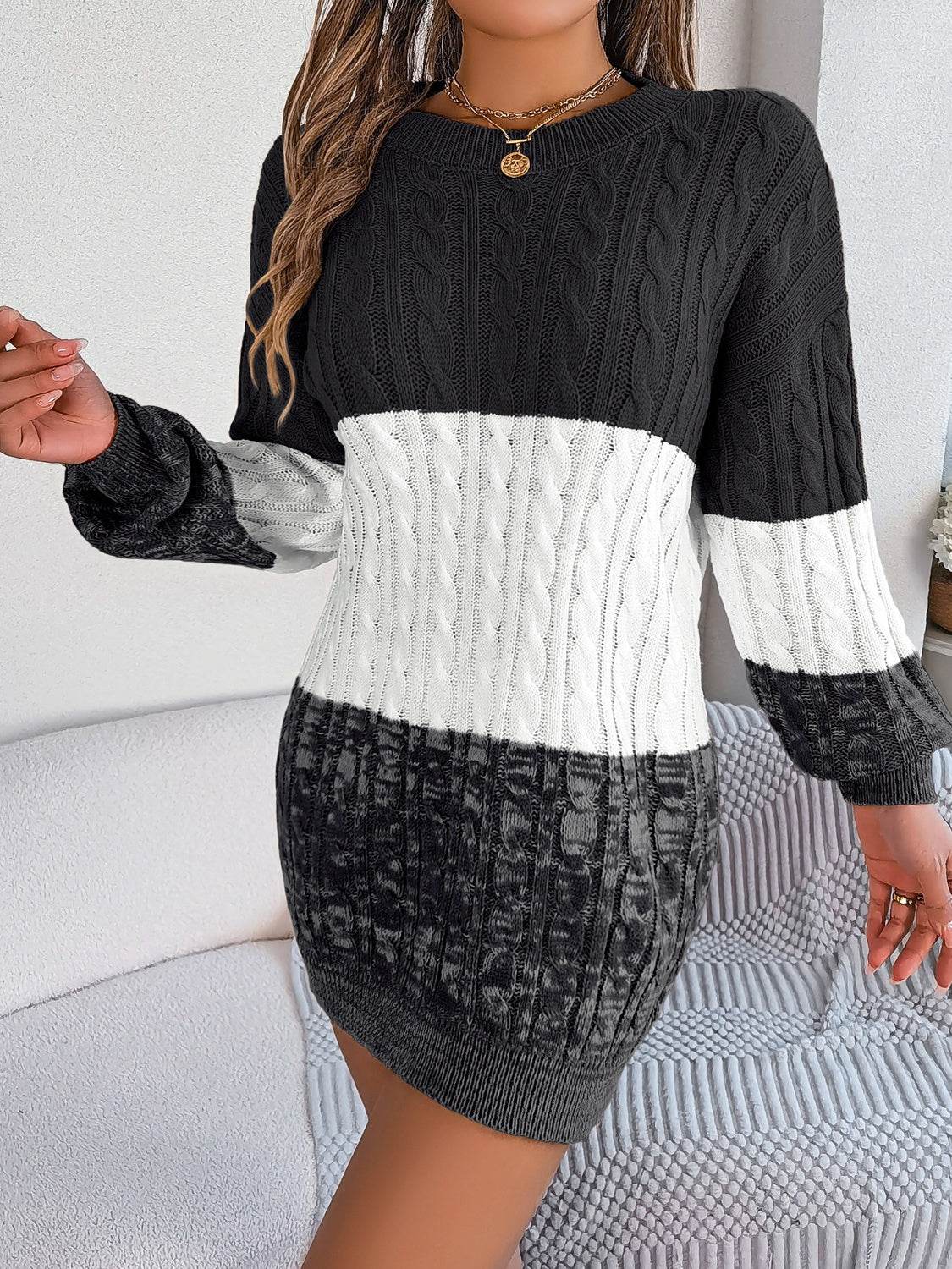Cable-Knit Round Neck Color Block Sweater Dress - Delanoir