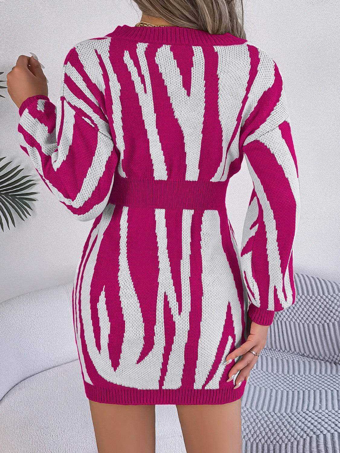 Animal Print V-Neck Long Sleeve Sweater Dress - Delanoir