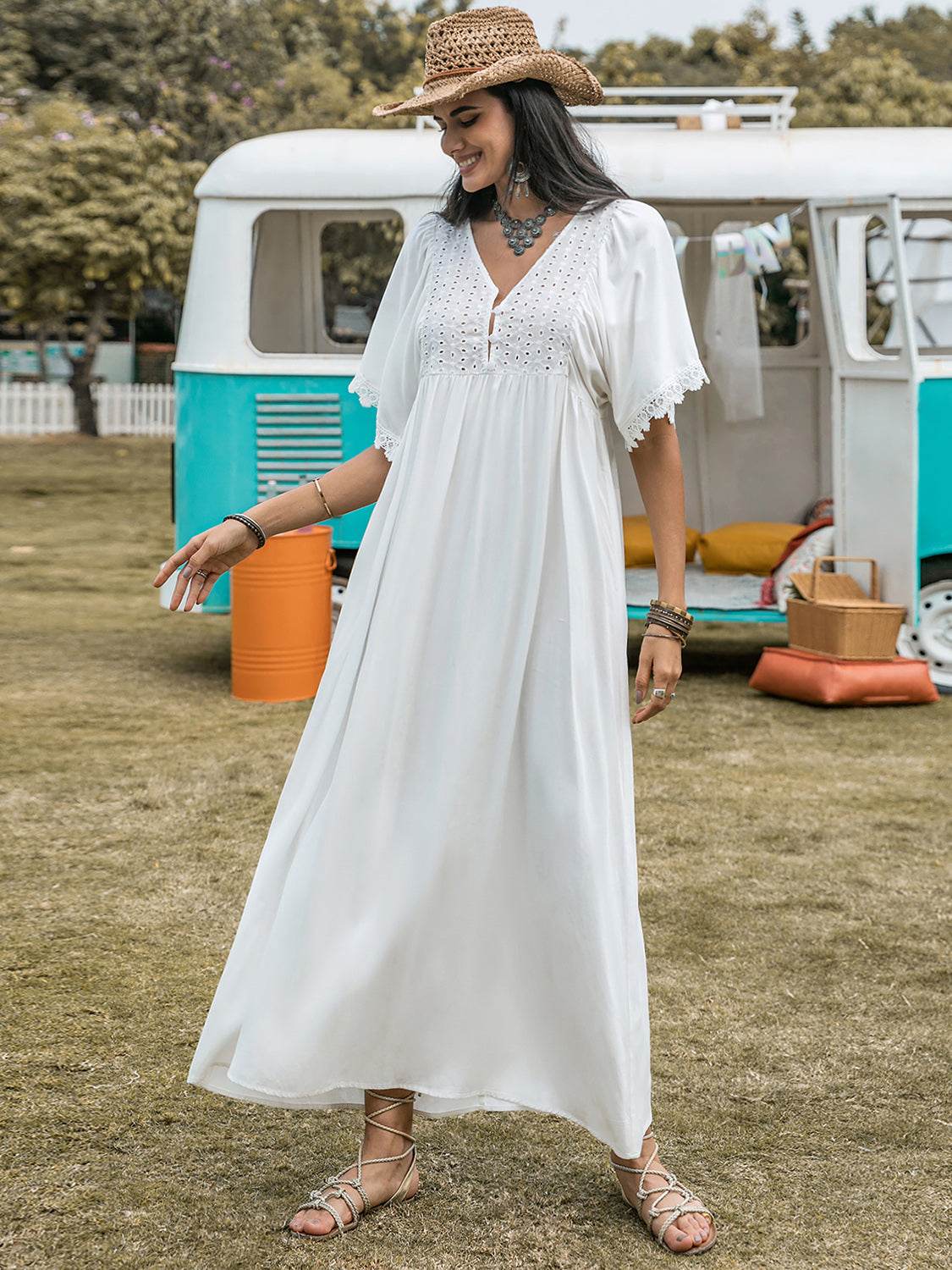 Lace Detail Eyelet V-Neck Half Sleeve Dress - Delanoir