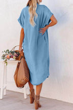 Slit Button Up Short Sleeve Imitation Denim Dress - Delanoir