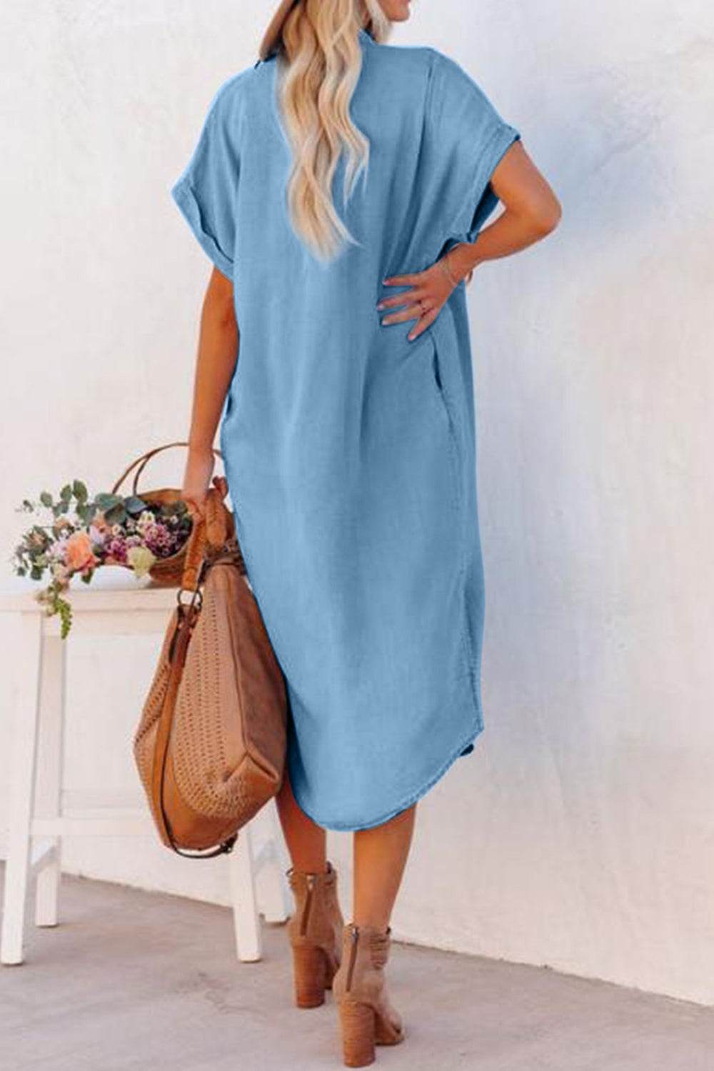 Slit Button Up Short Sleeve Imitation Denim Dress - Delanoir