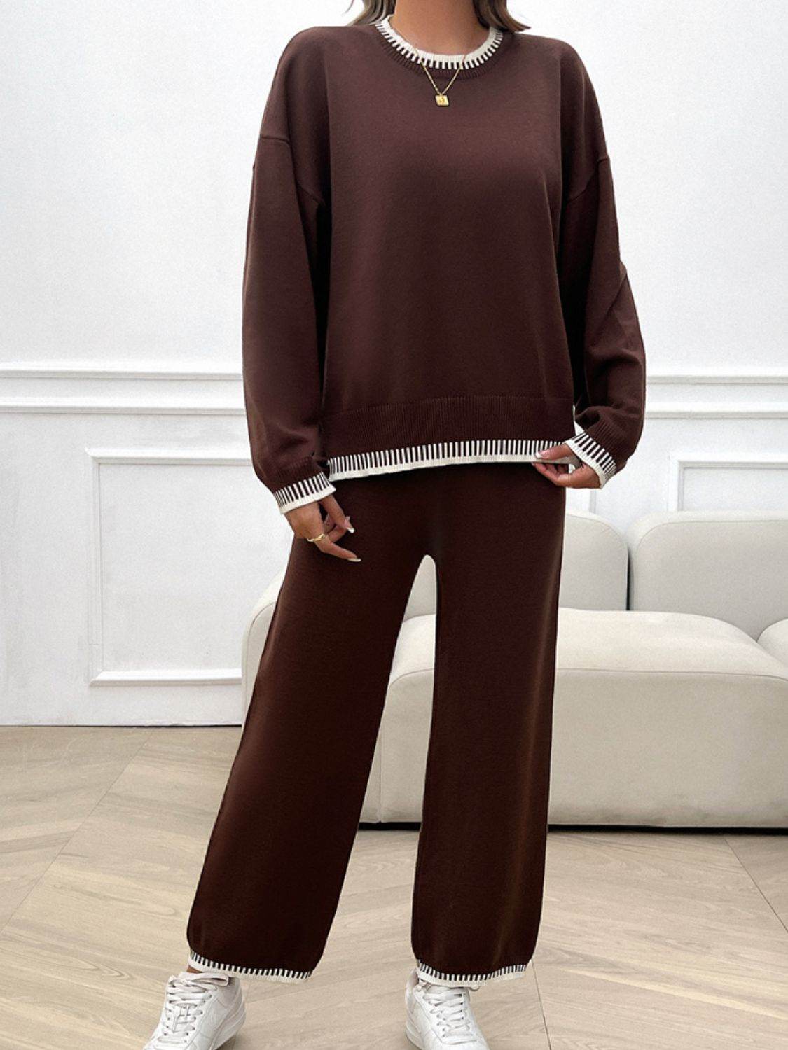 Devine Round Neck Dropped Shoulder Top and Pants Sweater Set - Delanoir
