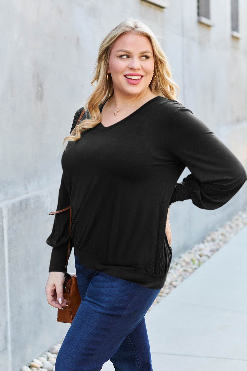 Basic Bae Full Size V-Neck Lantern Sleeve Top - Delanoir