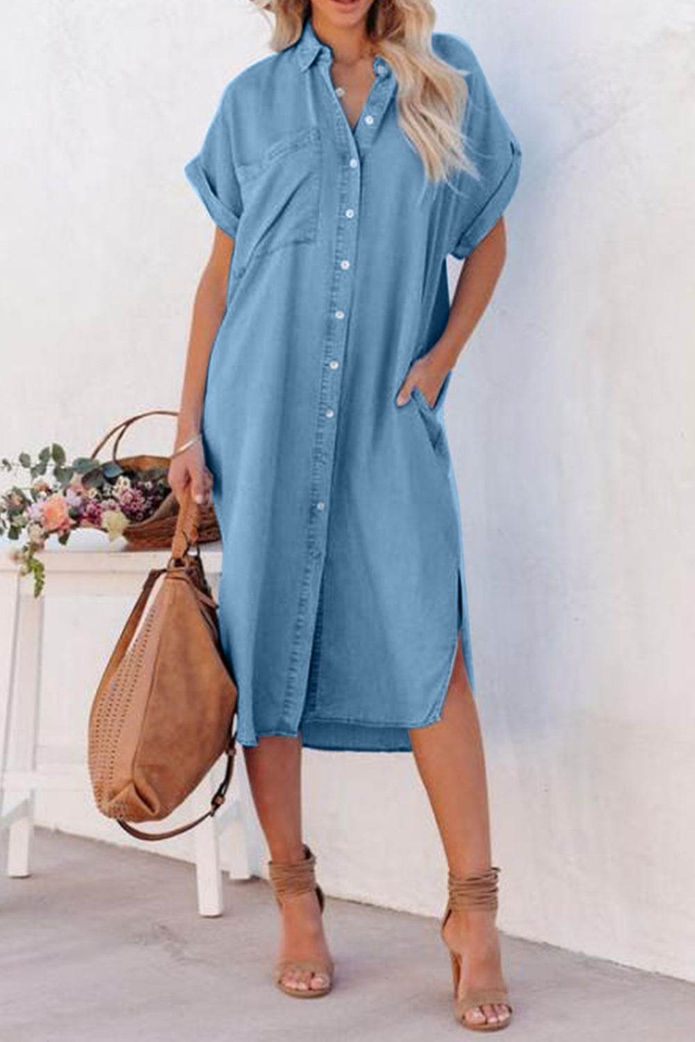 Slit Button Up Short Sleeve Imitation Denim Dress - Delanoir