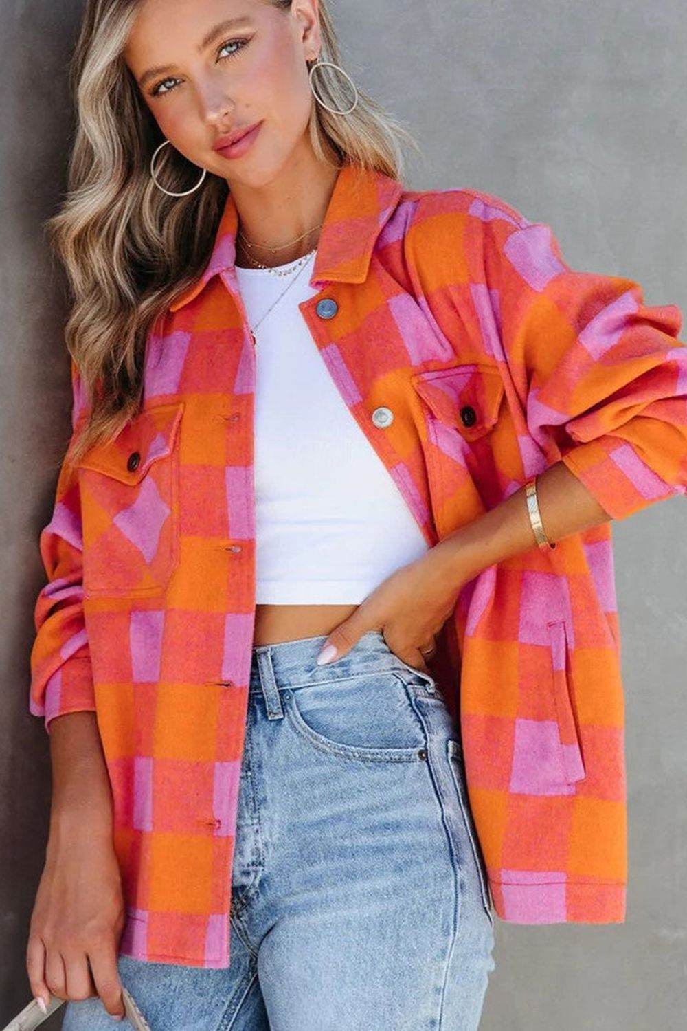 Plaid Collared Neck Button Up Jacket - Delanoir